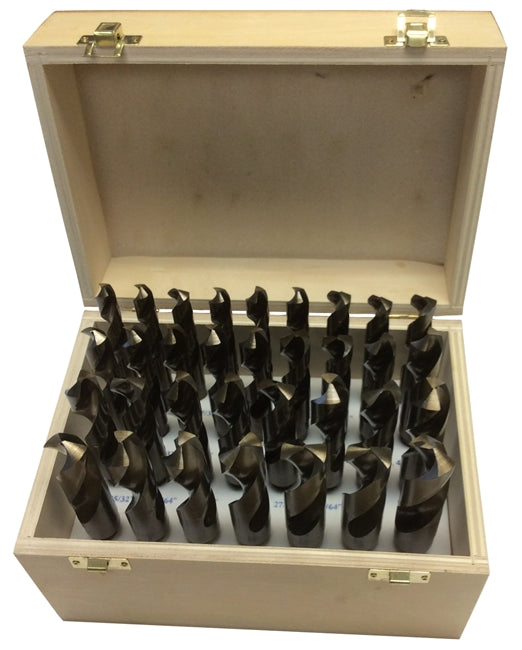 Drill America DWD833SD-CO-WOOD 1/2"-1"x64ths 33 Piece Cobalt Reduce Shank Drill Bit Set, Wood Case, Qualtech, DWD833SD-CO-WOOD